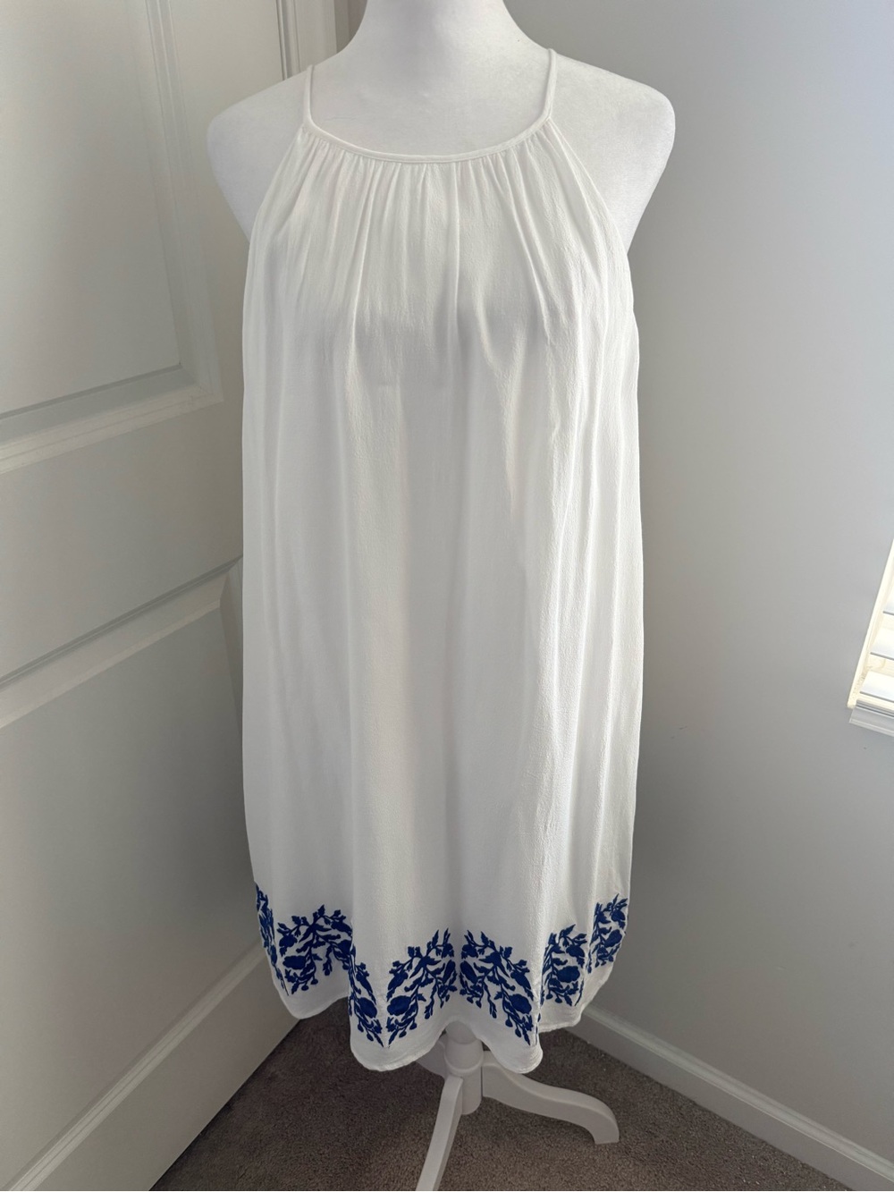 Gianni Bini White Midi Dress with Blue Hem Embroidery